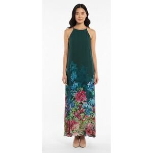EVERLY Floral Maxi Dress Halter Neck‎ Sleeveless Green Boho Tropical Size L
